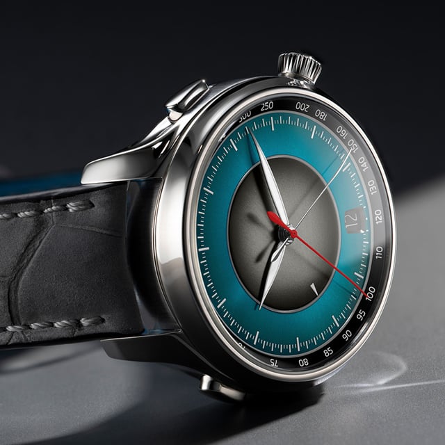 H. Moser & Cie. Endeavour Flyback Chronograph Dual Time Date, Zifferblatt Nahaufnahme Profilansicht