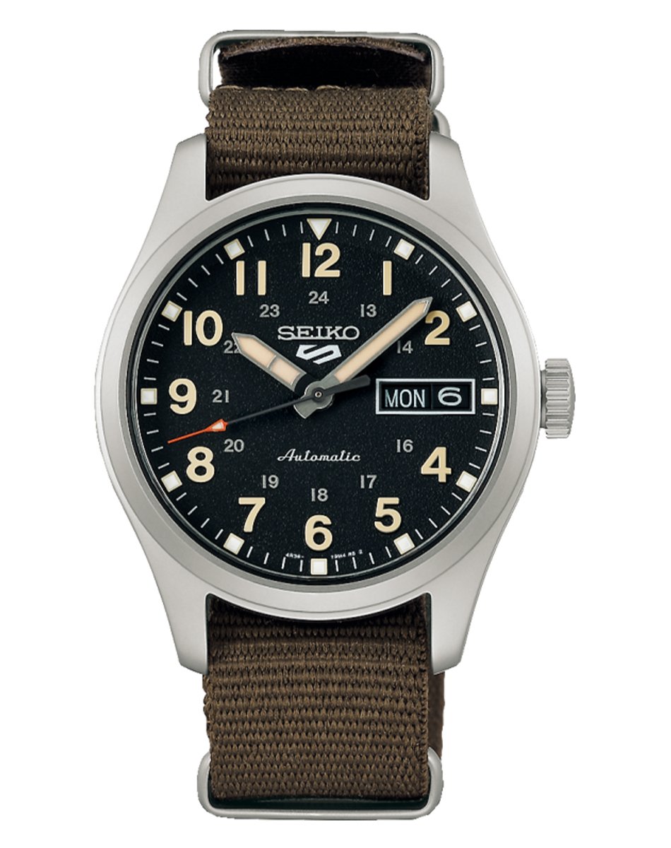 Seiko – 5 Sports SRPJ85K1, mechanische Uhr aus Edelstahl mit Stoffband und schwarzem Zifferblatt
