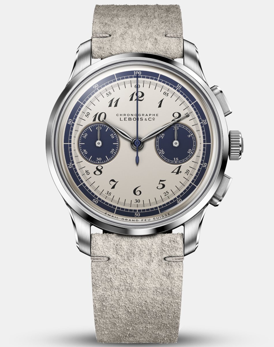 Lebois & Co Heritage Atelier Chronograph „Bleu sur Blanc“, Chronograph mit Lederband und Vintage-Optik