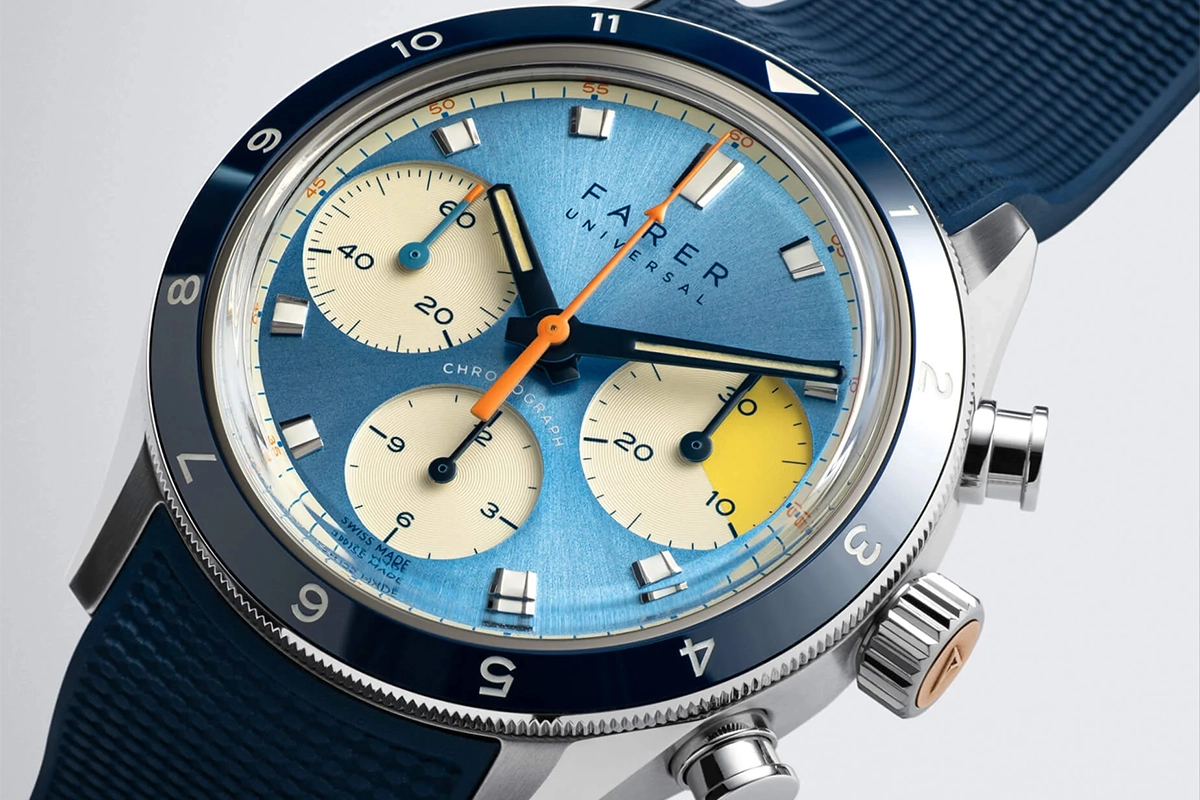 Farer – Volante, Edelstahlchronograph mit hellblauem Zifferblatt und Handaufzugskaliber
