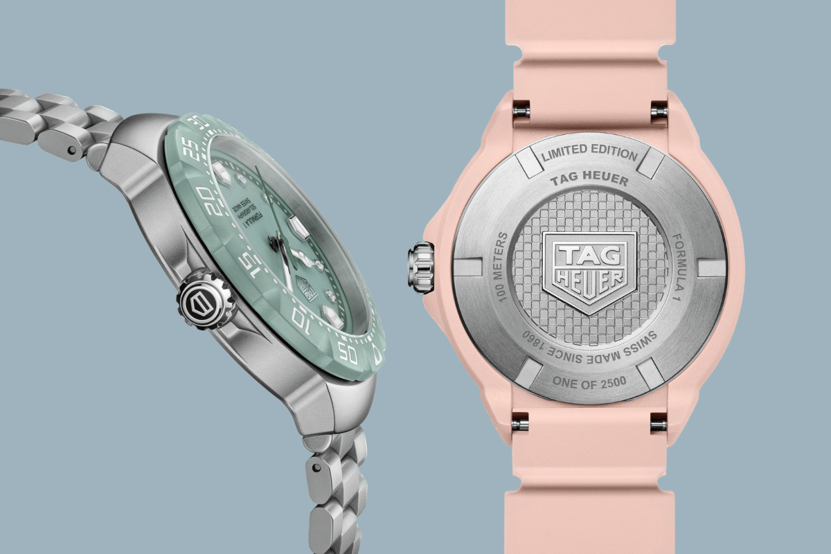 Seitenansicht und Rückseite der TAG Heuer Formula 1 Solargraph 38mm Pastell