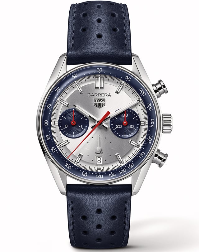 Wempe × TAG Heuer Carrera Chronograph Wempe Signature Collection, Automatik-Chronograph mit silbernem Zifferblatt und Lederband