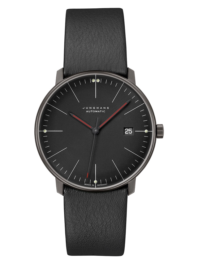 Junghans_max bill Automatic Bauhaus 27_4308_02 schwarzes Zifferblatt, von vorne