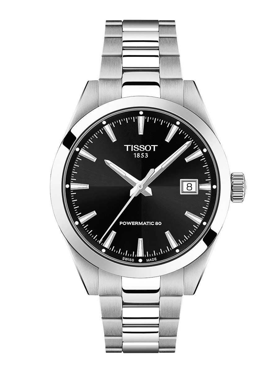 Tissot Gentleman 38mm, Ref. T165.807.11.051.00, schwarzes Zifferblatt, Edelstahluhr vor weißem Hintergrund
