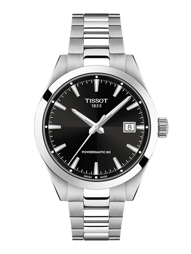 Tissot Gentleman 38mm, Ref. T165.807.11.051.00, schwarzes Zifferblatt, Edelstahluhr vor weißem Hintergrund