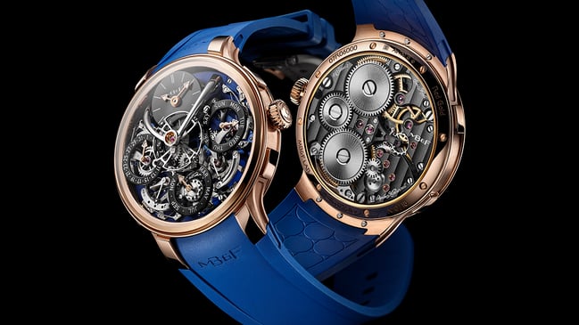 MB&F Legacy Machine Perpetual EVO, limitierte Edition in 18-Karat-Roségold mit ozeanblauem Zifferblatt