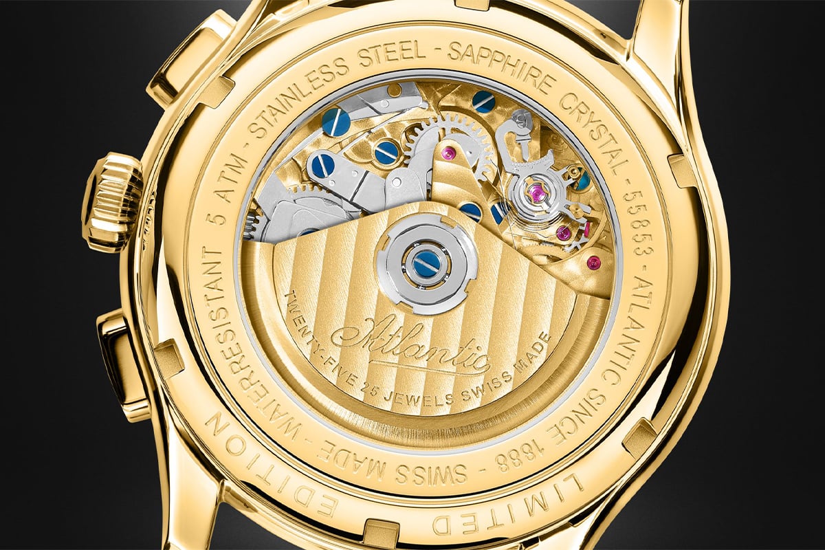 Atlantic – Worldmaster Prestige Valjoux Limited Edition, Automatikuhr mit goldenem Gehäuse am Lederband