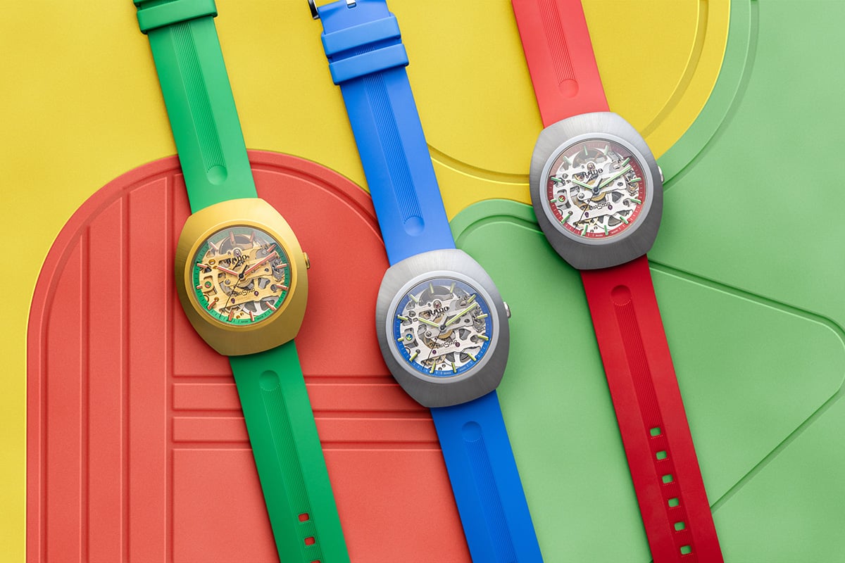 Rado DiaStar Original Skeleton Limited Edition: Drei bunte Uhren vor buntem Hintergrund