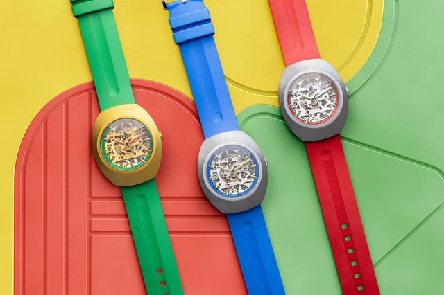 Rado DiaStar Original Skeleton Limited Edition: Drei bunte Uhren vor buntem Hintergrund
