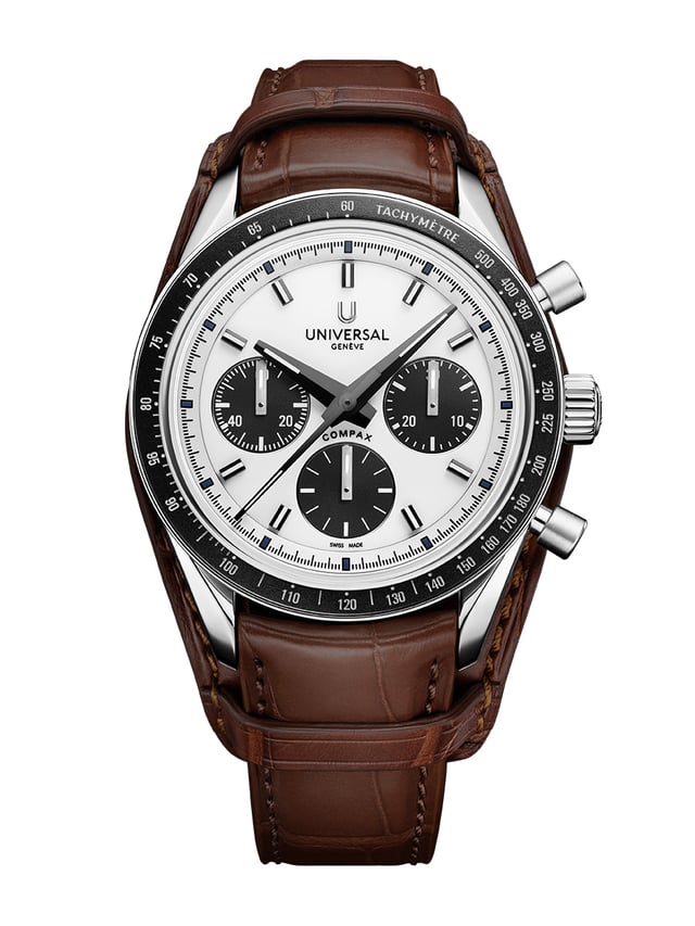 Universal Genève: Compax, Ref. UGCO001, weißes ZB, Lederband, Frontansicht Uhr