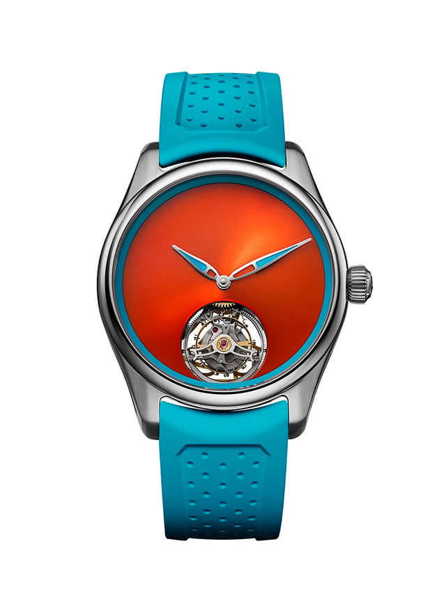 H. Moser & Cie. Pioneer Tourbillon Spiced Aqua, Uhr Türkis mit orangenem Zifferblatt von vorne