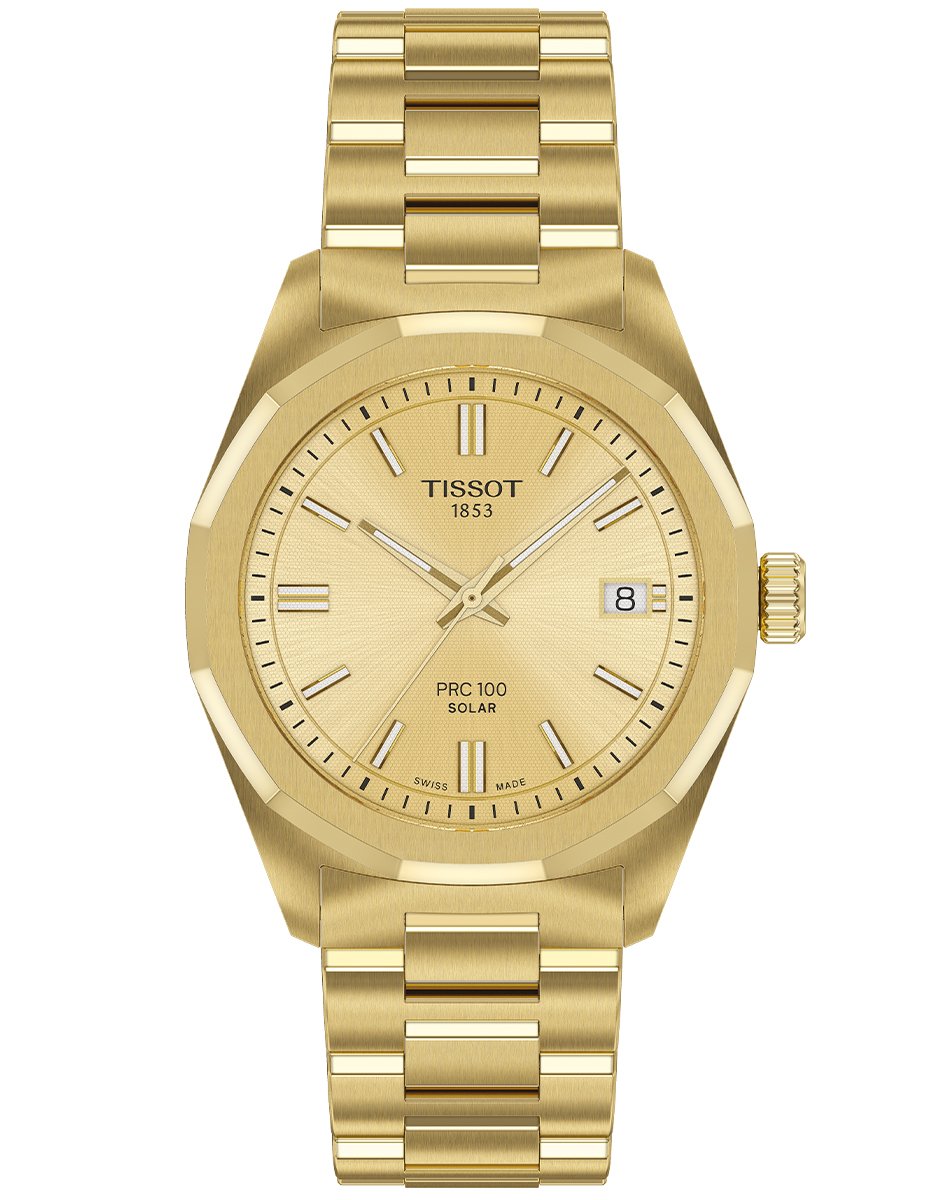 Tissot – PRC 100 Solar 34 mm, Edelstahluhr mit Solar-Quarzwerk in Gelbgold