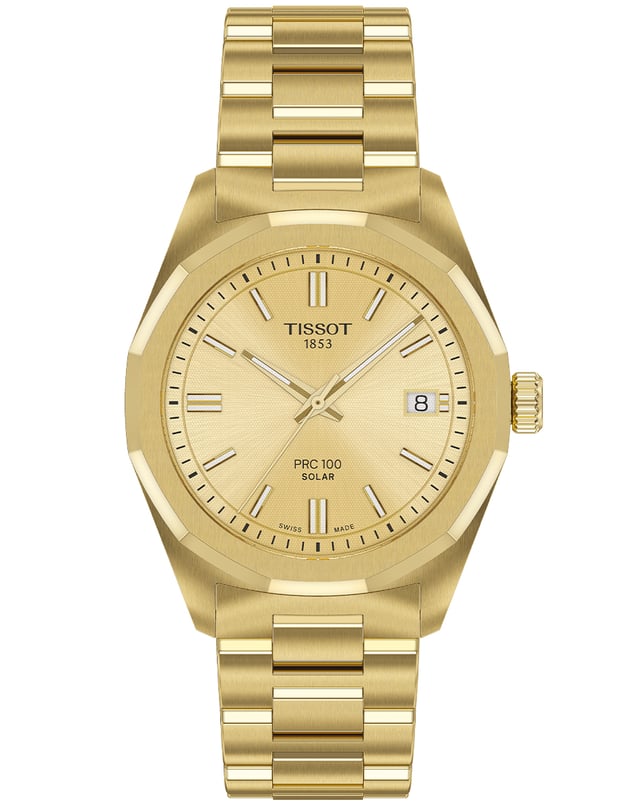 Tissot – PRC 100 Solar 34 mm, Edelstahluhr mit Solar-Quarzwerk in Gelbgold