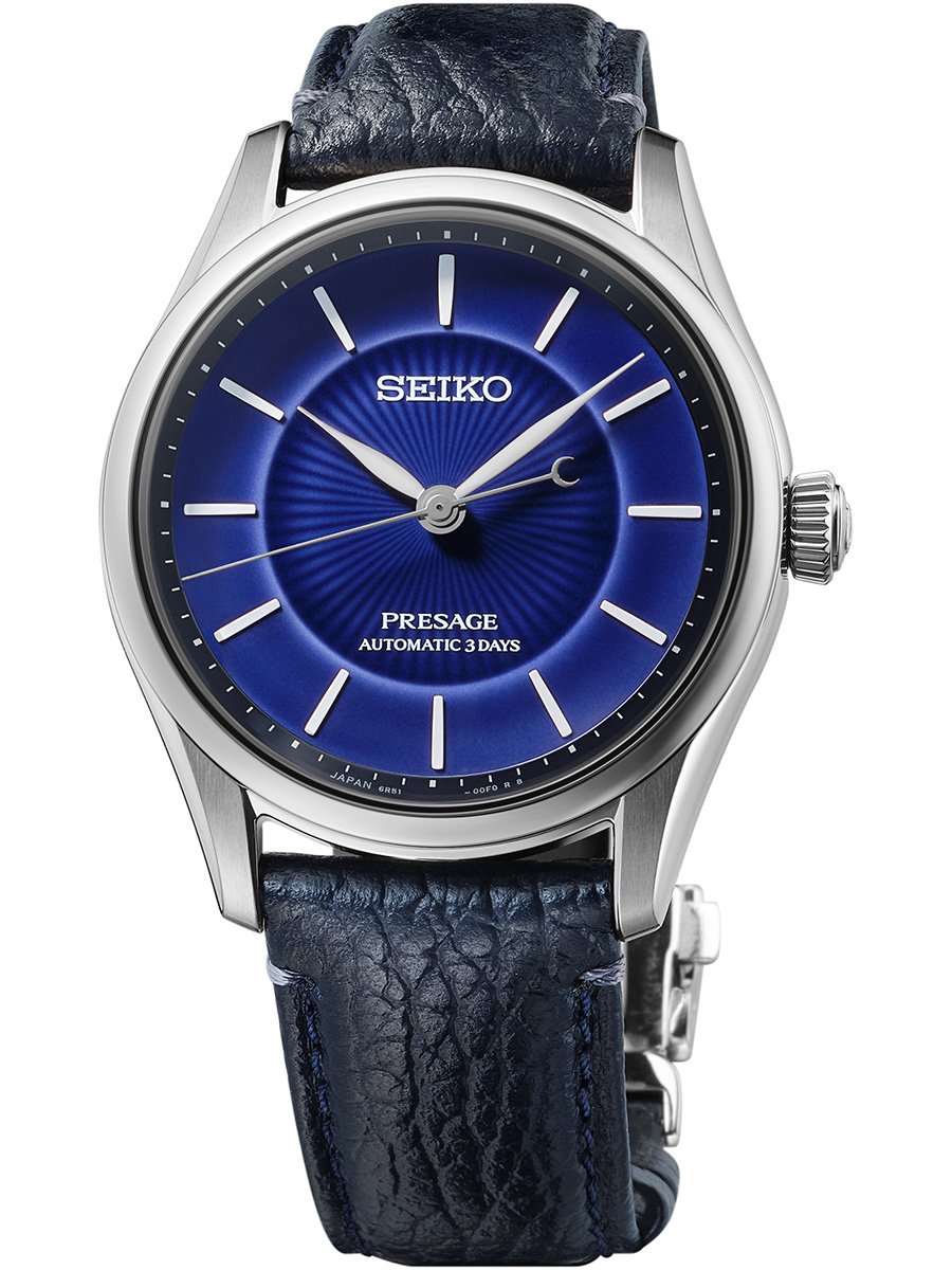 Seiko Presage Classic Series „Craftsmanship“ Arita Porcelain Zifferblatt, Frontansicht Uhr mit blauem Zifferblatt
