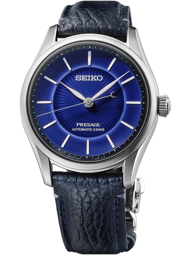 Seiko Presage Classic Series „Craftsmanship“ Arita Porcelain Zifferblatt, Frontansicht Uhr mit blauem Zifferblatt