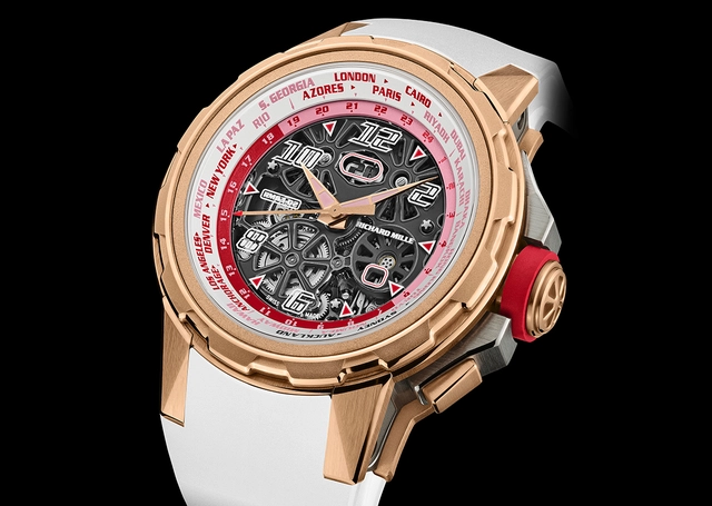 Richard Mille – RM 63-02 Automatic Worldtimer, Automatikuhr aus Gold mit skelettiertem Zifferblatt und Kautschukband