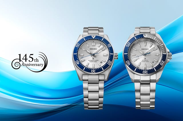 Seiko Seiko 145th Anniversary – Prospex Limited Editions, zwei Uhren mit blauem Hintergrund
