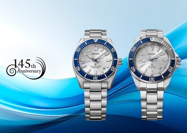 Seiko Seiko 145th Anniversary – Prospex Limited Editions, zwei Uhren mit blauem Hintergrund