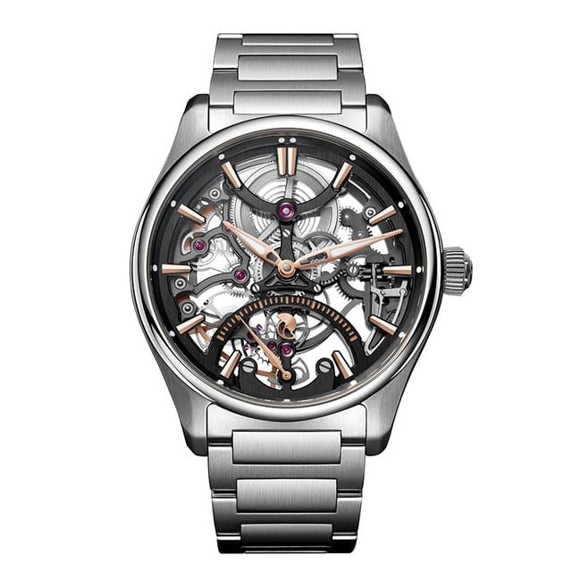 H. Moser & Cie Pioneer Skeleton Retrograde Seconds: Frontansicht Uhr