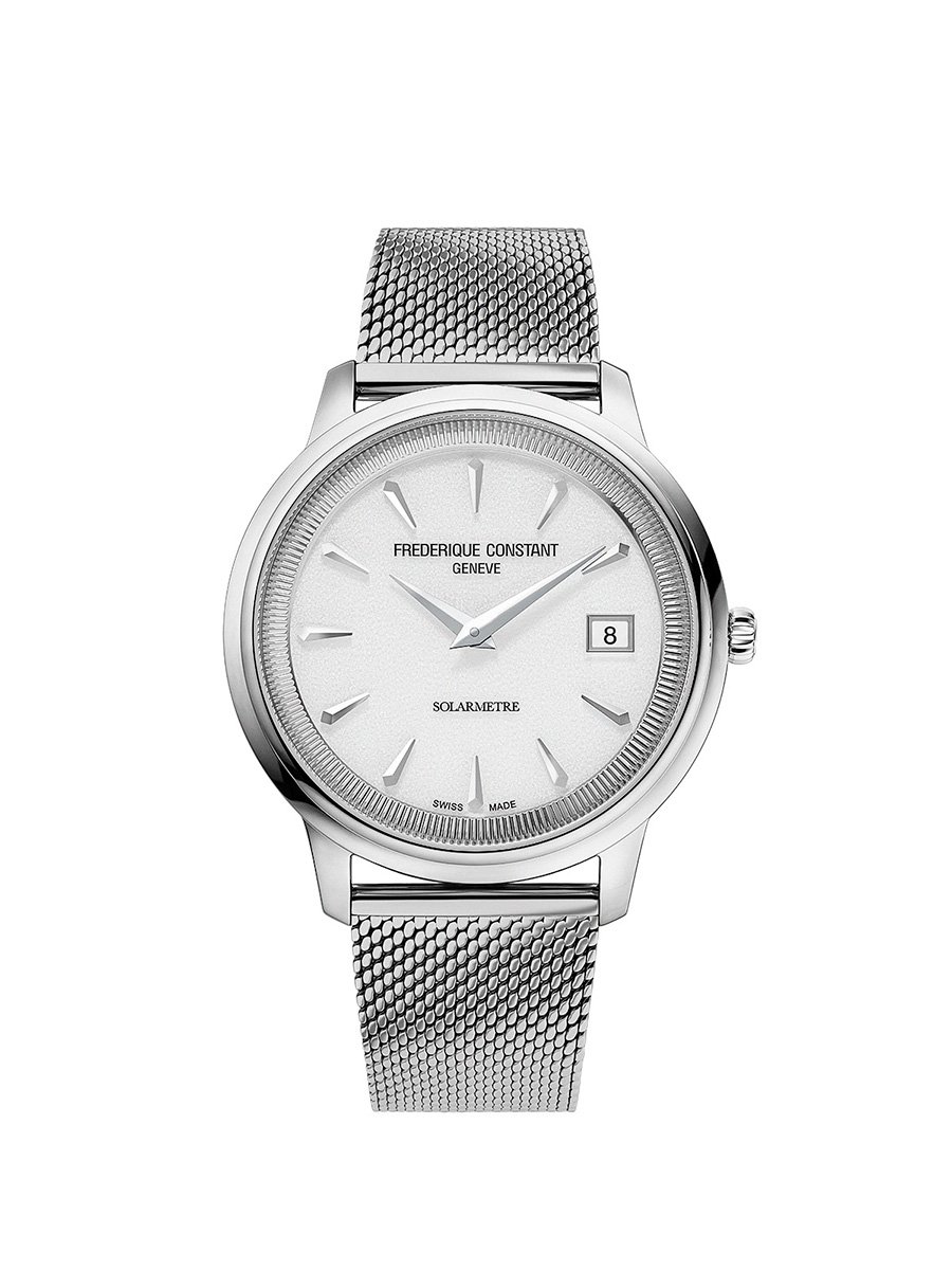 Frederique Constant Moneta Solarmetre, Referenz FC-120W3S6, Uhr am Milanaiseband vo weißem Hintergrund
