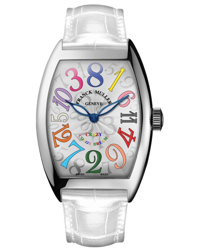 Franck Muller – Crazy Hours, ausgefallene bunte Automatikuhr mit weißem Band