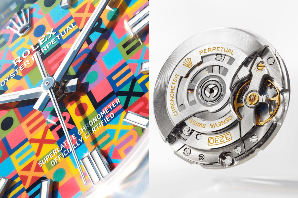 Detail, Zifferblatt und Kaliber der Rolex Oyster Perpetual 36 "Jubilee Dial"