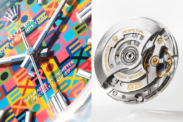 Detail, Zifferblatt und Kaliber der Rolex Oyster Perpetual 36 "Jubilee Dial"