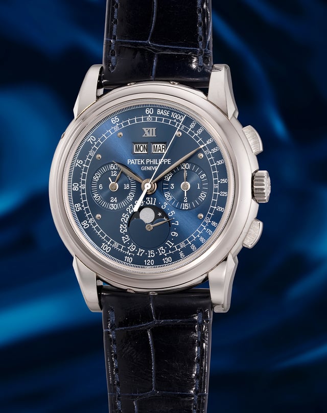 Patek Philippe Ref. 5970P-018, Luxusuhr aus Platin mit blauem Zifferblatt und Lederband