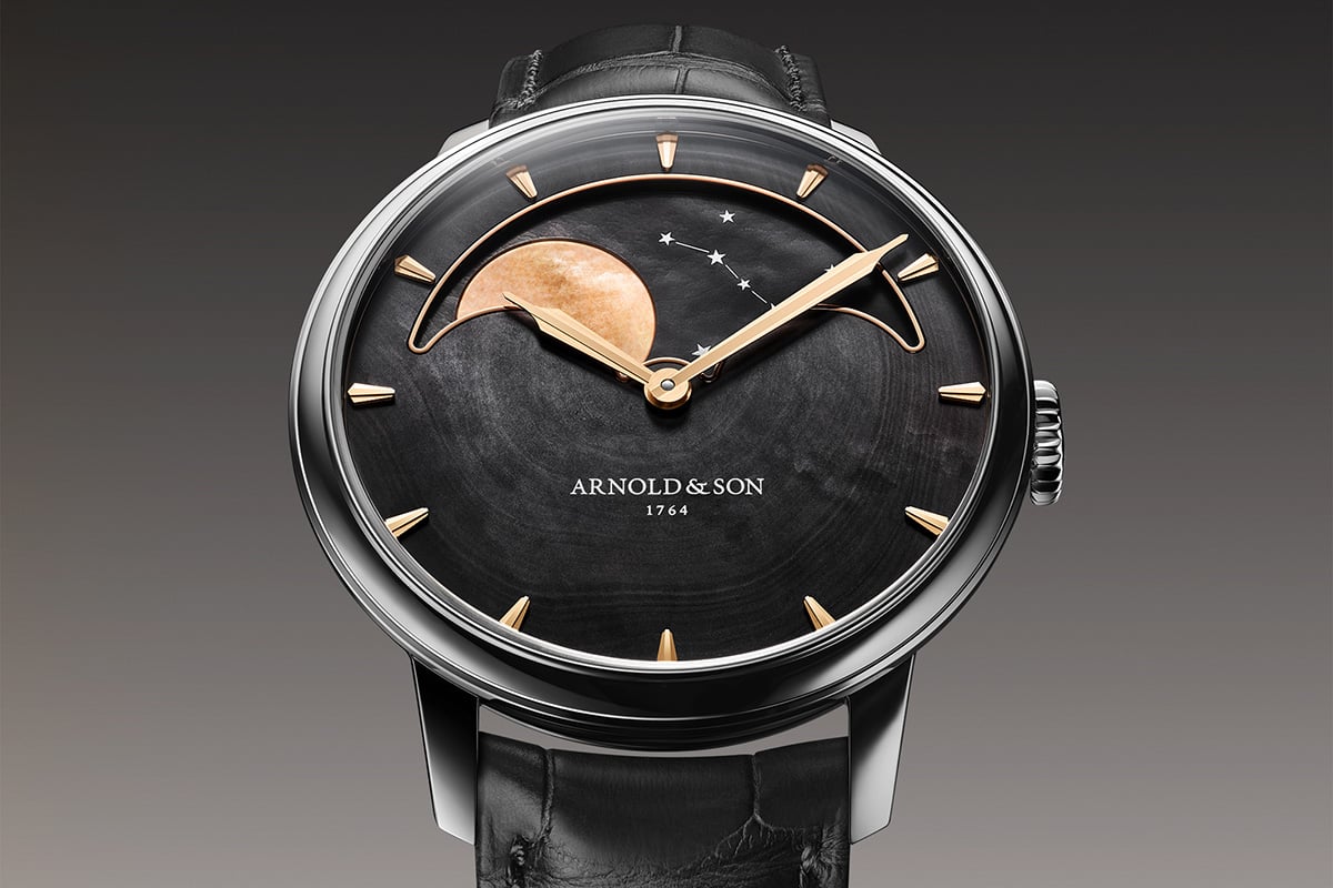 Arnold & Son Perpetual Moon 41.5 Steel Colours of the Moon, Ref. 1GLBS.M02A.C672S, Zifferblatt in Schwarz