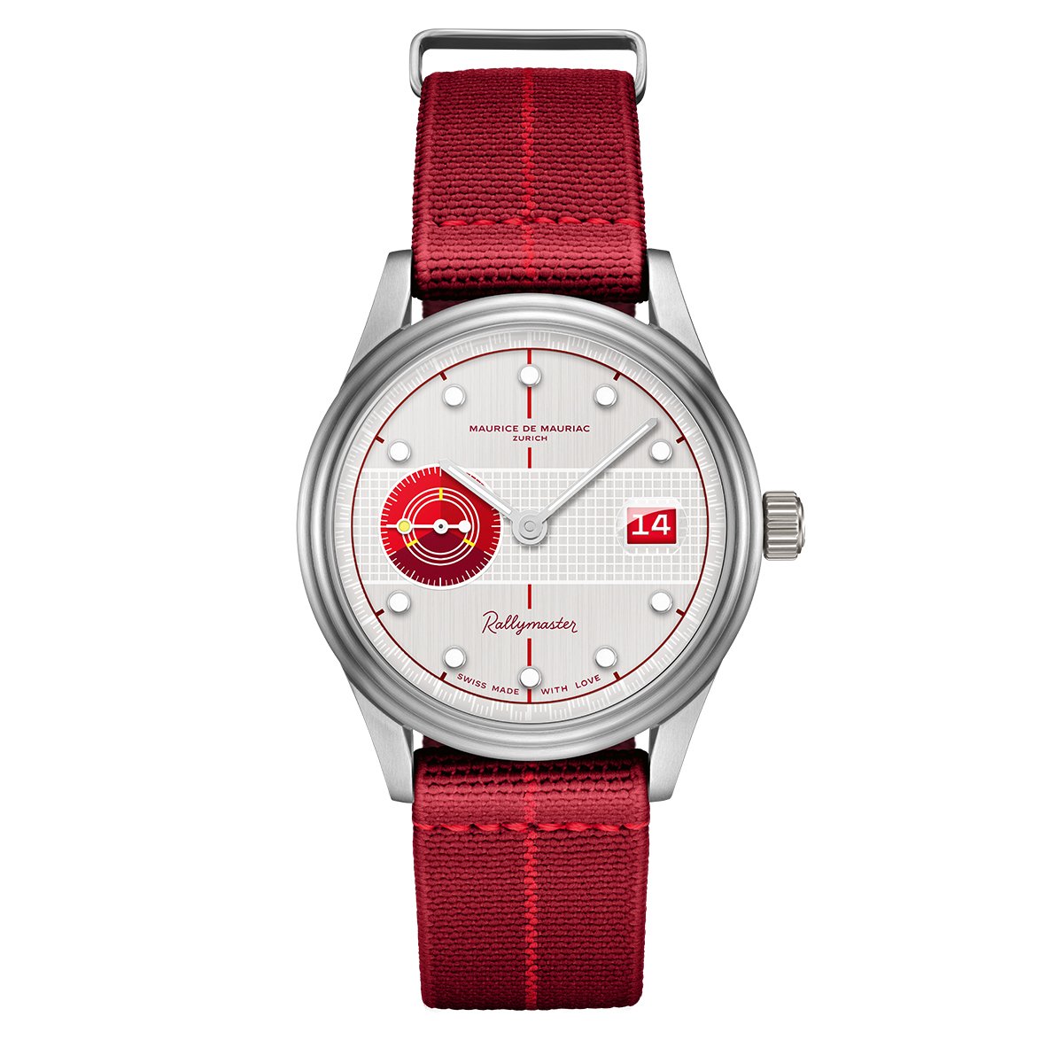 Frontansicht der Maurice de Mauriac Rallymaster Swiss Tennis mit rotem Band