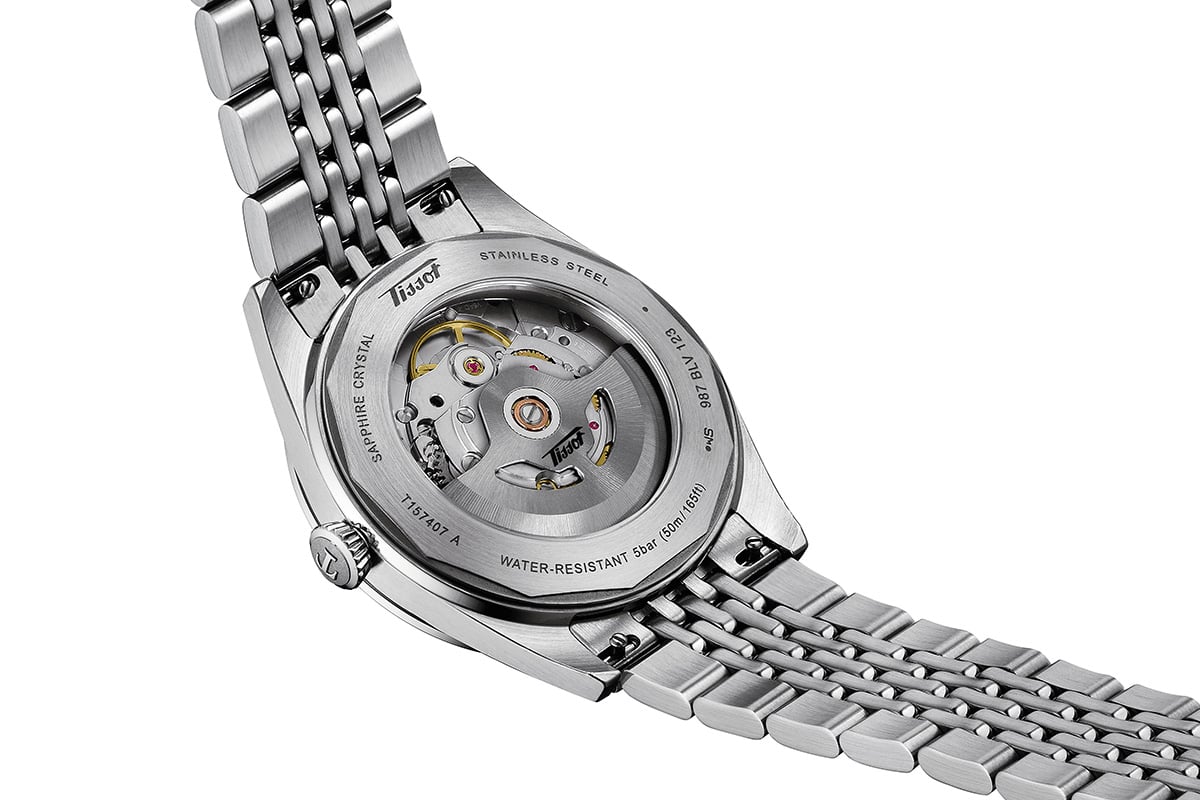 Tissot Visodate, Edelstahluhr Rückansicht mit Saphirglasboden