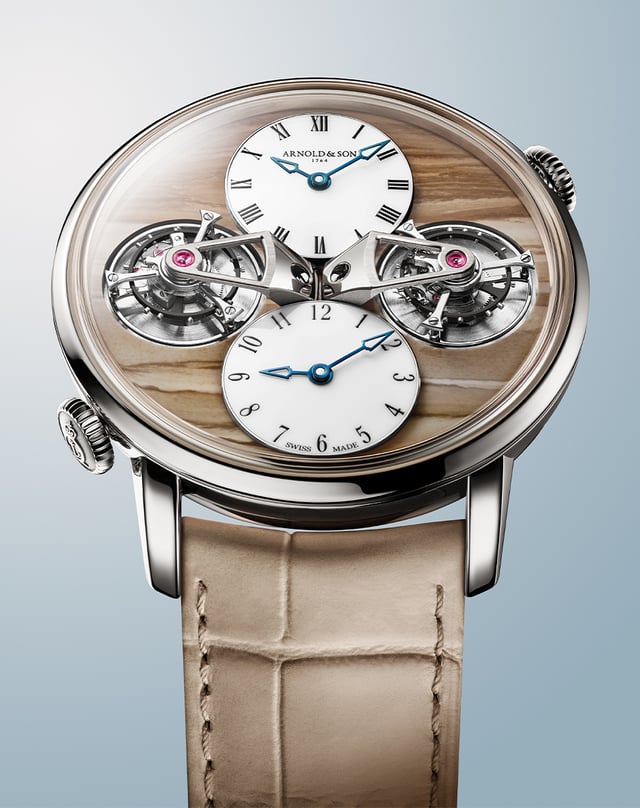 Arnold & Son X Chronopassion – Double Tourbillon Landscape Mirrored Time, Weißgolduhr mit Manufakturkaliber und zwei Tourbillons