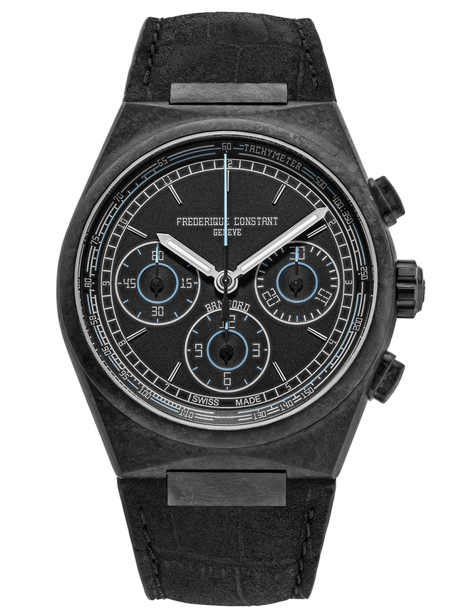 Frederique Constant Bamford Highlife Chronograph, Referenz FC-391BBL4NH1C, Uhr mit dunklem Band vor weißem Hintergrund