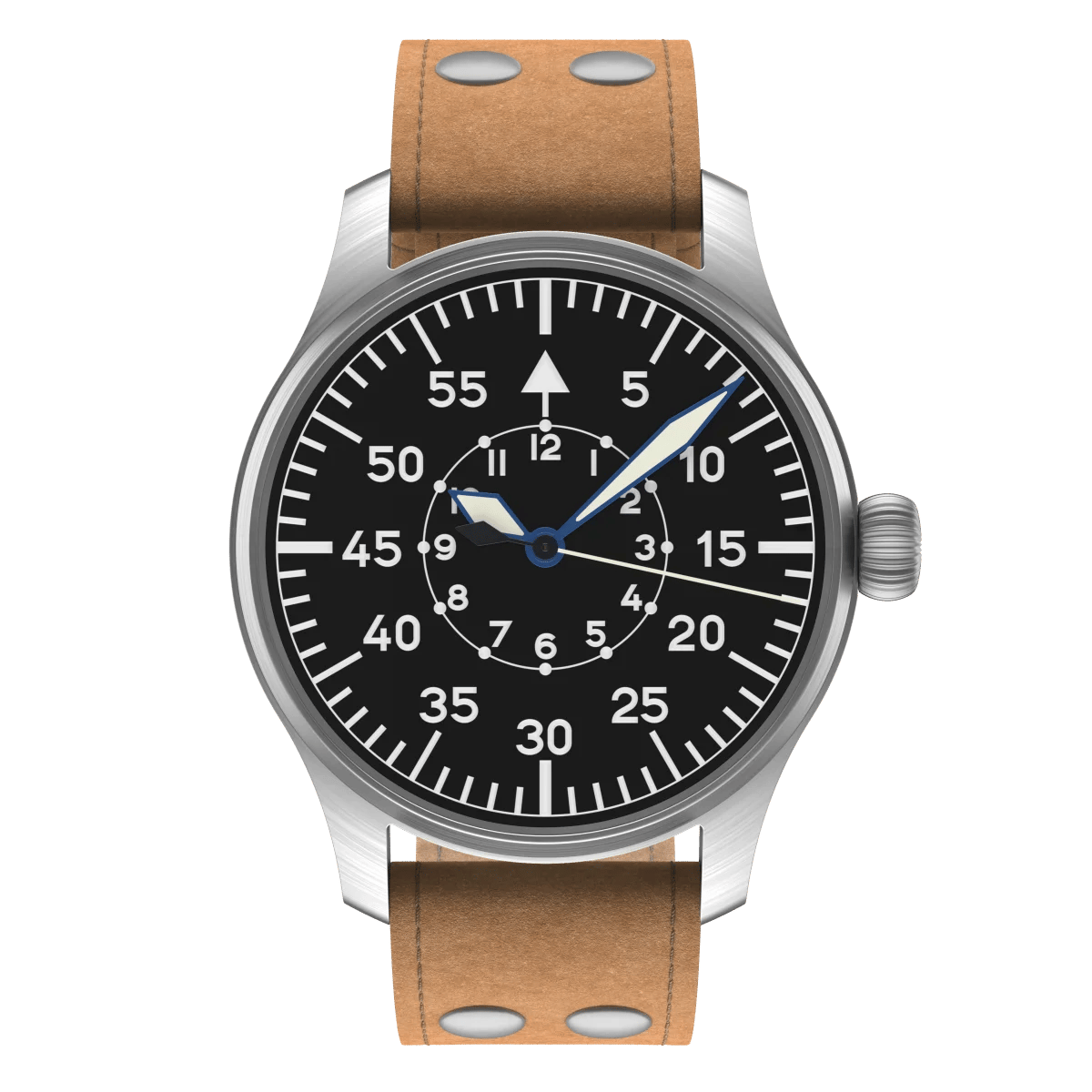 Ohne Logo: Stowa Flieger Klassik 40 mm mit schwarzem Baumuster-B-Zifferblatt und braunem Lederband