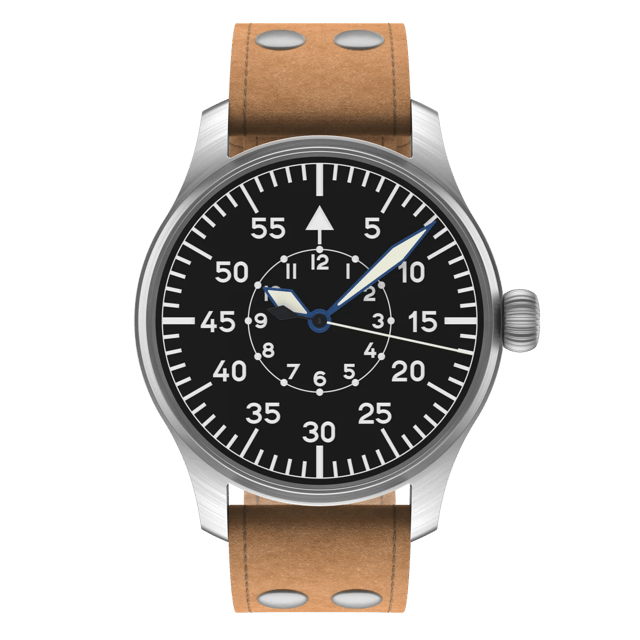 Ohne Logo: Stowa Flieger Klassik 40 mm mit schwarzem Baumuster-B-Zifferblatt und braunem Lederband
