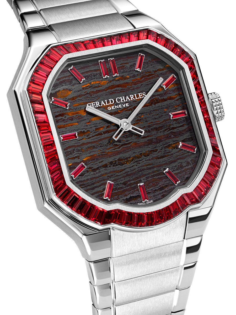 Gerald Charles Masterlink Gem Set Stone Dial, Black Iron Eye, das dunkle Zifferblatt mit roten Steinen umrahmt
