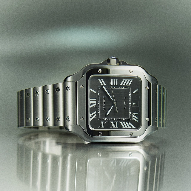 Santos de Cartier, großes Modell, mechanische Uhr mit Automatikaufzug, Uhr aus Edelstahl mit schwarzem Zifferblatt