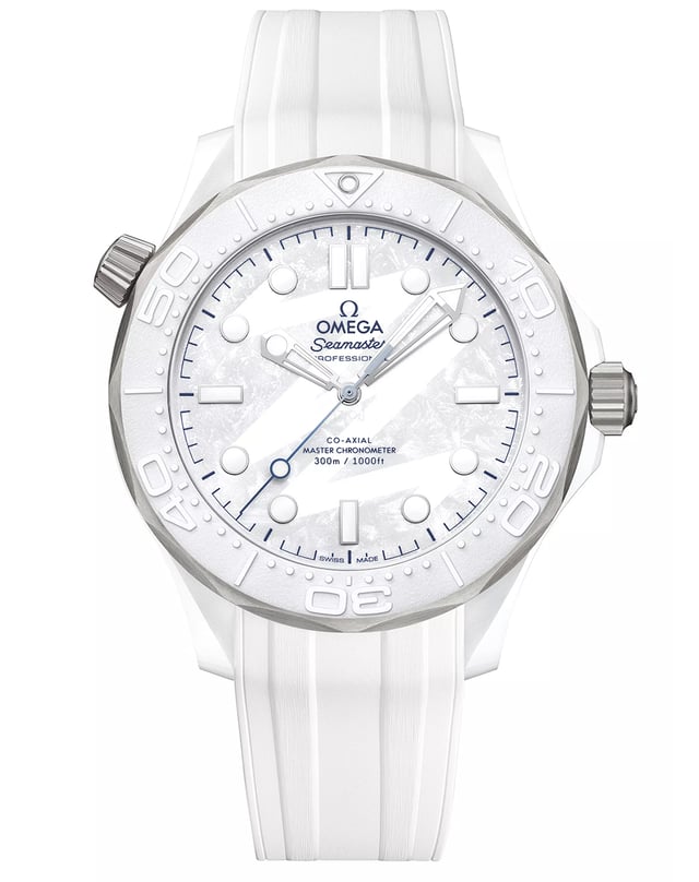 Omega – Seamaster Diver 300M Milano Cortina, weiße Taucheruhr aus Keramik und Titan mit Kautschukband und Automatikkaliber 