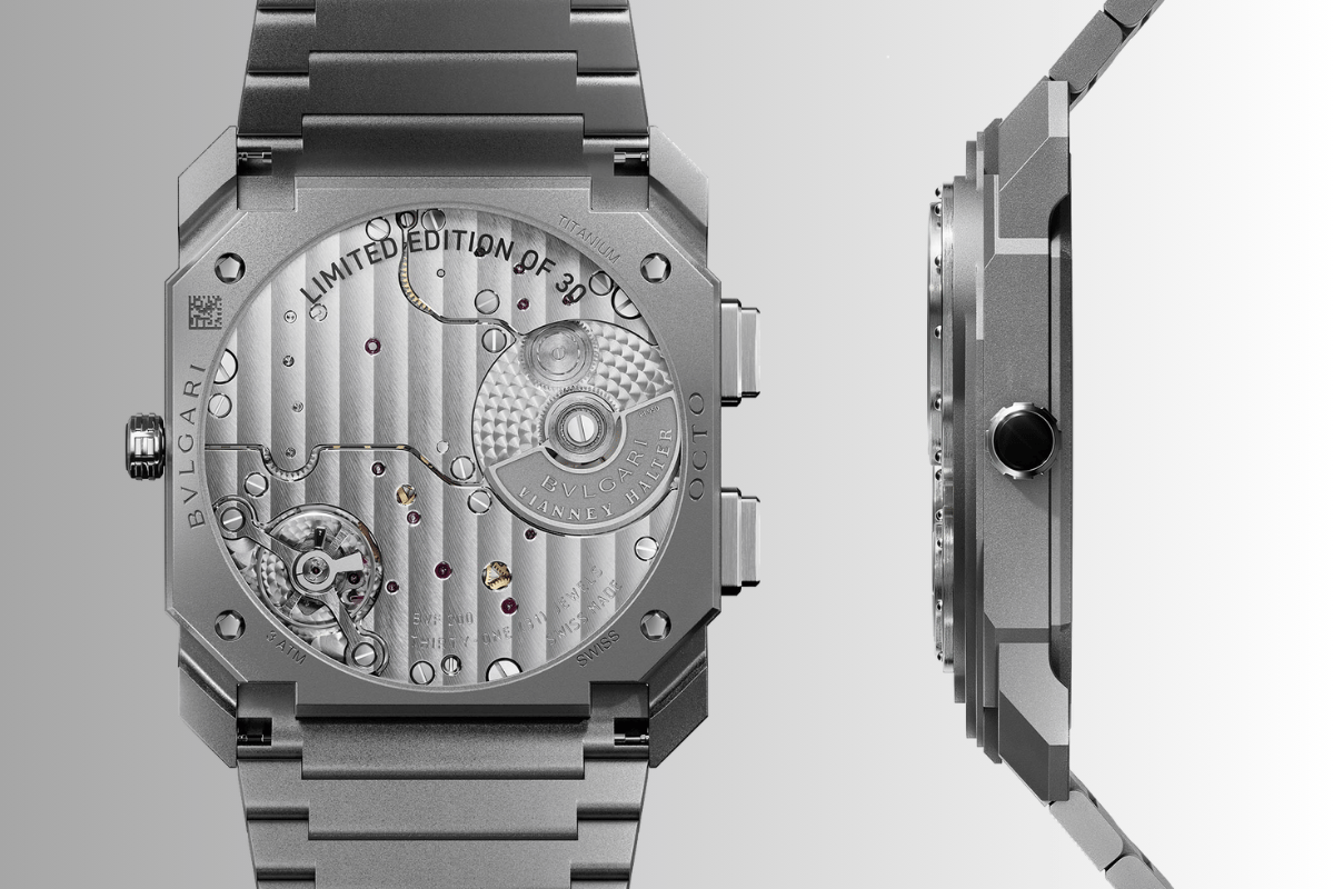 Seitenansicht und Rückseite der Bulgari Octo Finissimo Dual Time x Vianney Halter