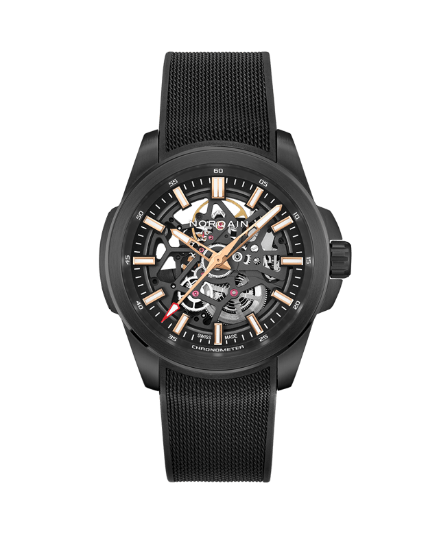 Norqain Independence Skeleton Titanium: Frontansicht schwarze Uhr