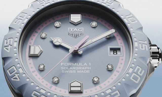 Zifferblatt und Details der TAG Heuer Formula 1 Solargraph 38mm Pastell in Lavendel