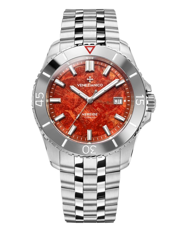Venezianico Nereide Corallo mit korallenrotem Zifferblatt und Stahlband