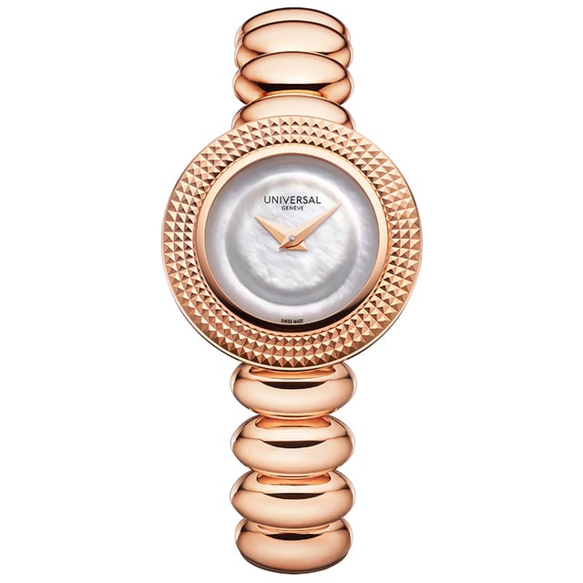 Universal Genève: Disco Mini, Ref. UGMD001, Gold mit Goldband, Frontansicht Uhr