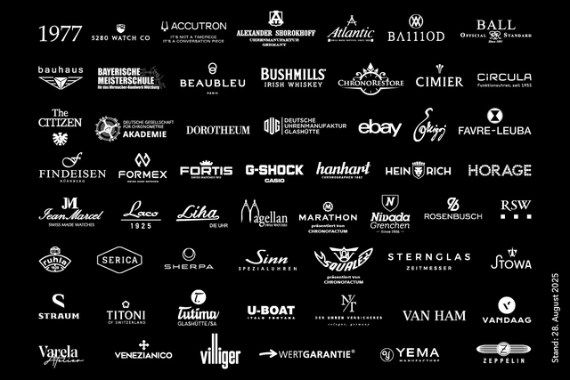 1997, Accutron, Alexander Shorokhoff, Atlantic, Ba111od, Ball, Bauhaus, Bayerische Uhrmachermeisterschule, Beaubleu, Bushmills, ChronoRestore, Cimier, Circula, The Citizen, Deutsche Gesellschaft für Chronometrie – Akademie, Dorotheum, DUG, eBay, Ercigoj, Favre-Leuba, Findeisen, Formex, Fortis, G-Shock Casio, Hanhart, Heinrich, Horage, Jean Marcel, Laco, Liha, Magellan, Marathon by Chronofactum, Nivada, Rosenbusch, RSW, Ruhla, Serica, Sherpa, Sinn Spezialuhren, Squale by Chronofactum, Sternglas, Stowa, Straum, Titoni, Tutima, U-Boat, Der Uhrenversicherer, Van Ham, Vandaag, Varela Atelier, Venezianico, Villiger, Wertgarantie, Yema, Zeppelin.