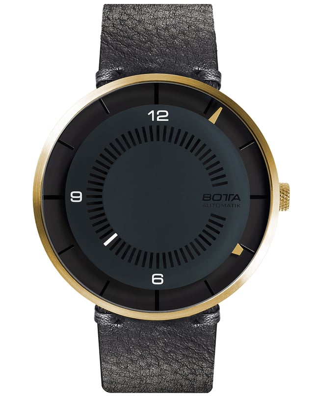 Botta – Clavius Aureus Automatik, elegante und reduzierte Uhr in Gold mit mattschwarzem Zifferblatt und besonderer Zeitanzeige