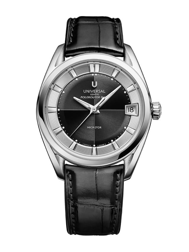 Universal Genève Polerouter, 39mm, Ref. UGPO001, schwarzes Zifferblatt, Frontansicht Uhr